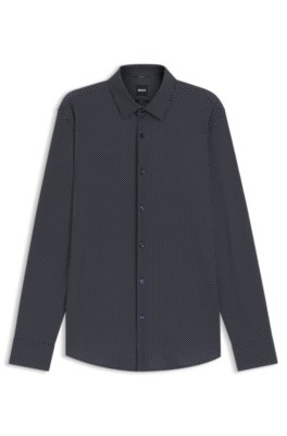 Boss Uomo Blu A Motivi Camicia Slim Fit In Jersey Elasticizzato Ad Alte Prestazioni Con Stampa