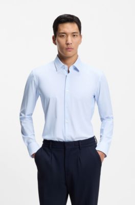 Slim-fit shirt in printed performance-stretch jersey, Light Blue Patterned