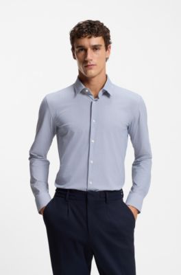 Slim-fit shirt in printed performance-stretch jersey, Blue Patterned