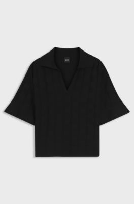 Johnny-collar sweater with check texture, Black