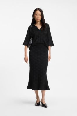 Johnny-collar sweater with check texture, Black