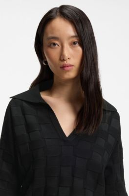 Johnny-collar sweater with check texture, Black