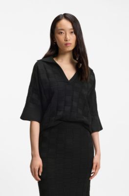 Johnny-collar sweater with check texture, Black