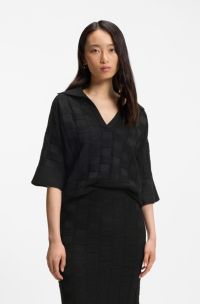 Johnny-collar sweater with check texture, Black