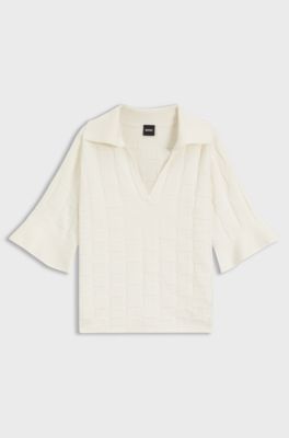 Johnny-collar sweater with check texture, Natural