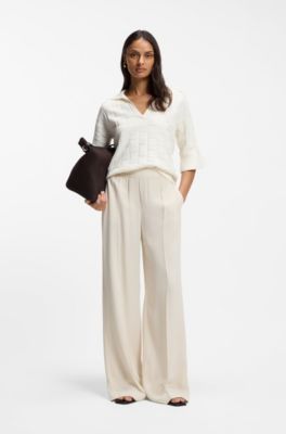 Johnny-collar sweater with check texture, White