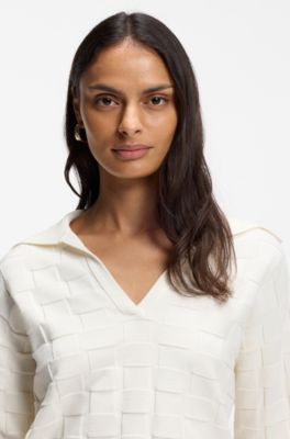Johnny-collar sweater with check texture, Natural