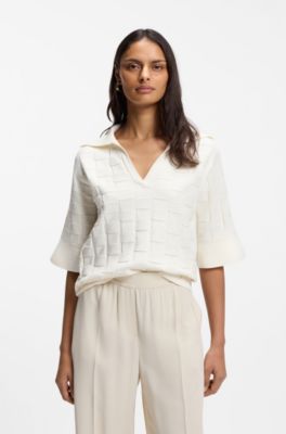 Johnny-collar sweater with check texture, White