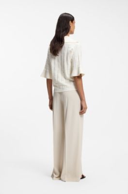 Johnny-collar sweater with check texture, Natural