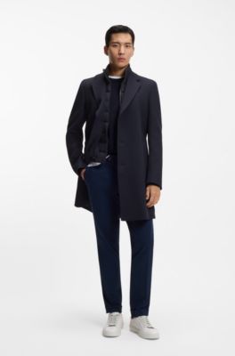 Manteau Slim Fit en coton m&eacute;lang&eacute; avec int&eacute;rieur amovible matelass&eacute;, Bleu fonc&eacute;