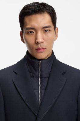 Manteau Slim Fit en coton m&eacute;lang&eacute; avec int&eacute;rieur amovible matelass&eacute;, Bleu fonc&eacute;