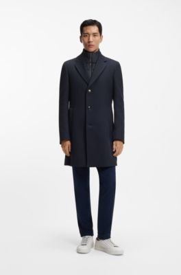 Manteau Slim Fit en coton m&eacute;lang&eacute; avec int&eacute;rieur amovible matelass&eacute;, Bleu fonc&eacute;