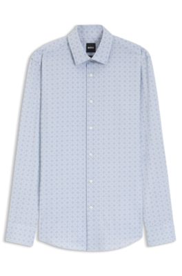 Slim-fit shirt in printed stretch cotton, Blue Patterned