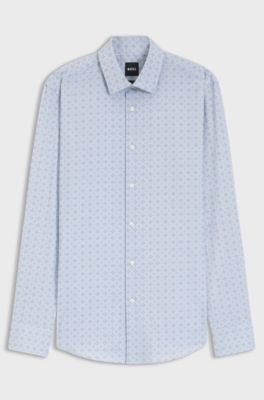 Slim-fit shirt in printed stretch cotton, Blue Patterned