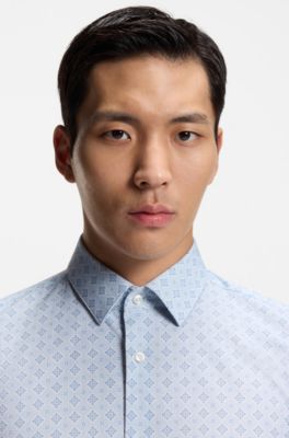Slim-fit shirt in printed stretch cotton, Blue Patterned
