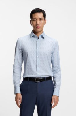 Slim-fit shirt in printed stretch cotton, Blue Patterned