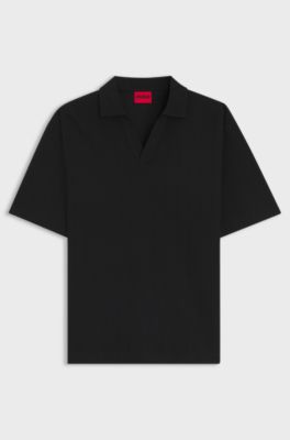 Johnny-collar polo shirt with jacquard stripe, Black