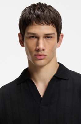 Johnny-collar polo shirt with jacquard stripe, Black
