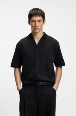 Johnny-collar polo shirt with jacquard stripe, Black