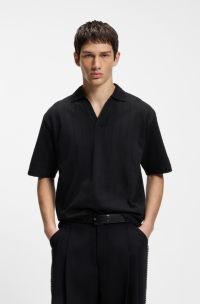 Johnny-collar polo shirt with jacquard stripe, Black
