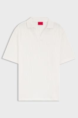 Johnny-collar polo shirt with jacquard stripe, Natural