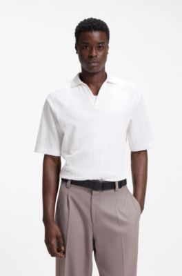 Johnny-collar polo shirt with jacquard stripe, Natural