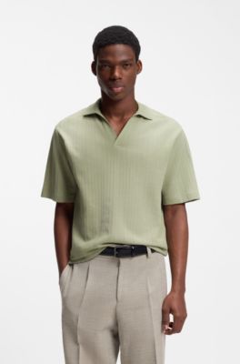 Johnny-collar polo shirt with jacquard stripe, Light Green