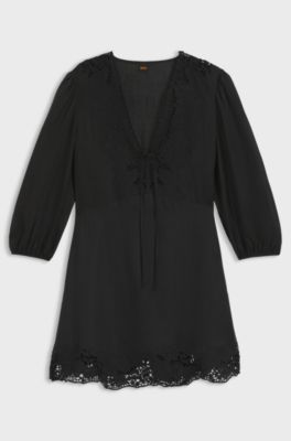 Jurk in A-lijn met geborduurde details, Zwart