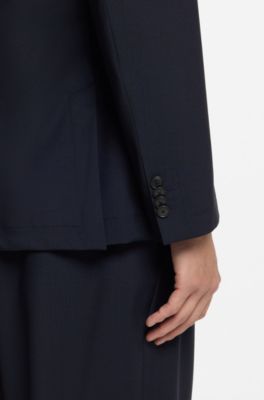 Slim fit blazer i en vaskbar uldblanding, M&oslash;rkebl&aring;