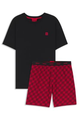 Pyjama aus Stretch-Baumwolle mit Stack-Logos, Schwarz / Rot