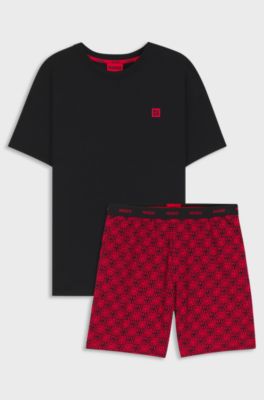 Stretch-cotton pyjamas with stacked logos, Black / Red