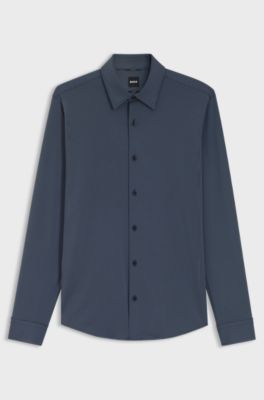 Slim-fit shirt in patterned performance-stretch jersey, Light Blue
