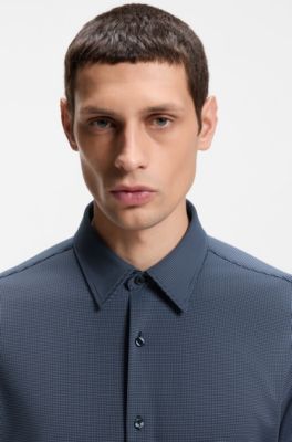 Slim-fit shirt in patterned performance-stretch jersey, Light Blue