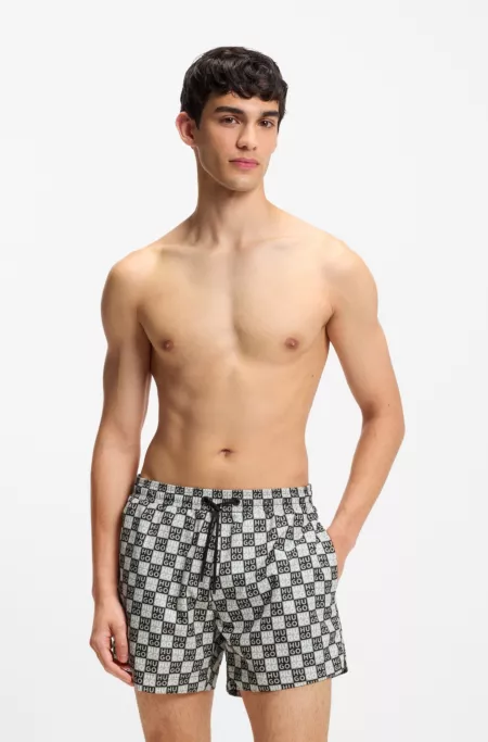 Quick-dry swim shorts with stacked-logo check print