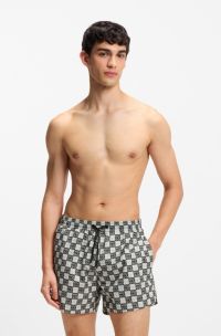 Quick-dry swim shorts with stacked-logo check print, Green