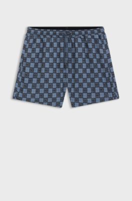 Quick-dry swim shorts with stacked-logo check print, Dark Blue