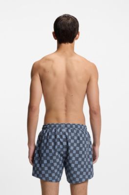 Quick-dry swim shorts with stacked-logo check print, Dark Blue