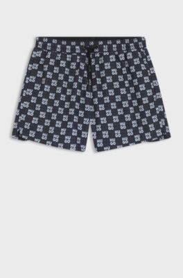 Quick-dry swim shorts with stacked-logo check print, Dark Blue