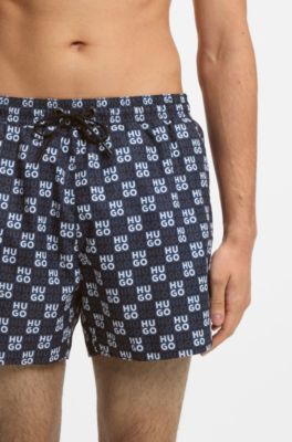 Quick-dry swim shorts with stacked-logo check print, Dark Blue