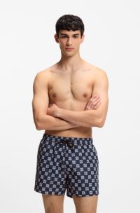 Quick-dry swim shorts with stacked-logo check print, Dark Blue