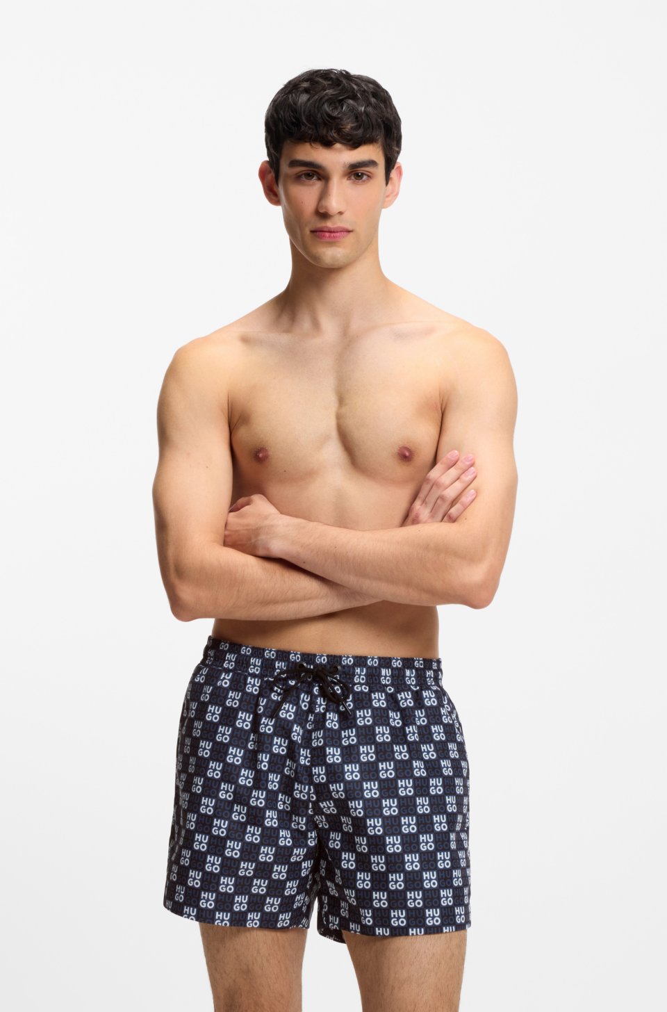 Quick-dry swim shorts with stacked-logo check print