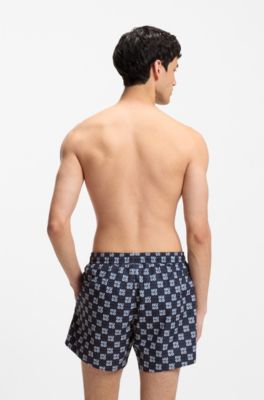 Quick-dry swim shorts with stacked-logo check print, Dark Blue