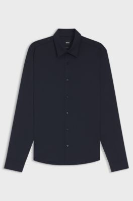 Slim-fit shirt in performance-stretch structured jersey, Dark Blue