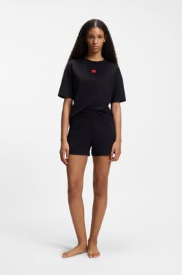 Loungewear-T-Shirt aus Stretch-Gewebe mit Logo-Label, Schwarz