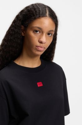Loungewear-T-Shirt aus Stretch-Gewebe mit Logo-Label, Schwarz