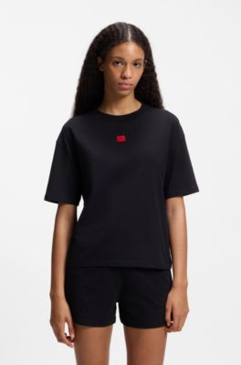 Stretch-fabric loungewear T-shirt with logo label, Black