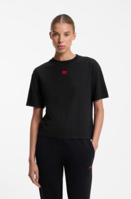 Stretch-fabric loungewear T-shirt with logo label, Black