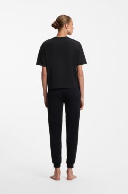 Stretch-fabric loungewear T-shirt with logo label, Black