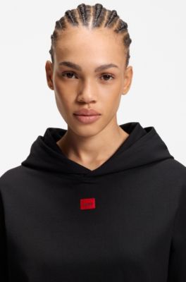 Felpa con cappuccio in jersey elasticizzato con etichetta con logo rossa, Nero