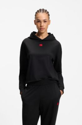 Felpa con cappuccio in jersey elasticizzato con etichetta con logo rossa, Nero